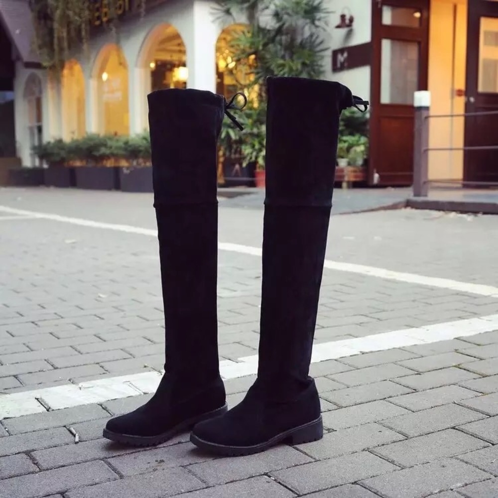 CLEARANCE RESTOCK Vegan Suede Velvet Black Sexy Flat Over Knee Line Boots - Picture 4 of 11